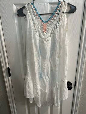 NWT Cupshe Swim Coverup Dress Boho Crochet Pom Pom Fringe Tassel White